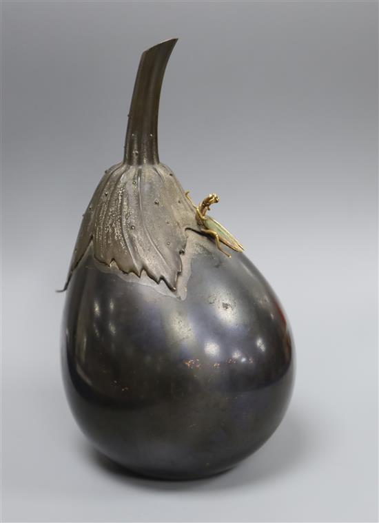 A Japanese Meiji period bronze model of an aubergine, mounted with a preying mantis, signed and with seal mark H.17cm